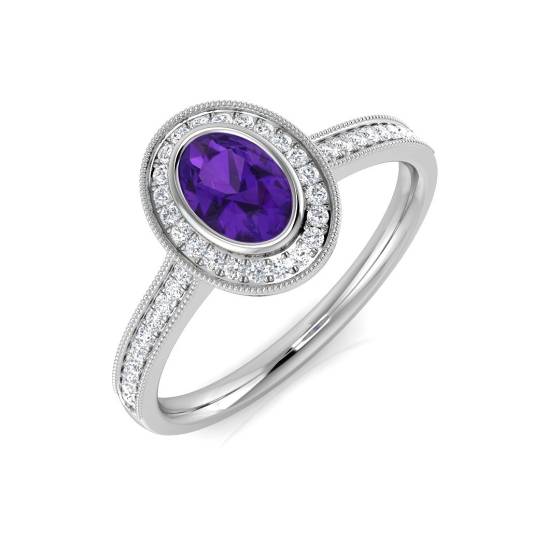 Oval Amethyst Gemstone and Round Diamond Halo Set Ring