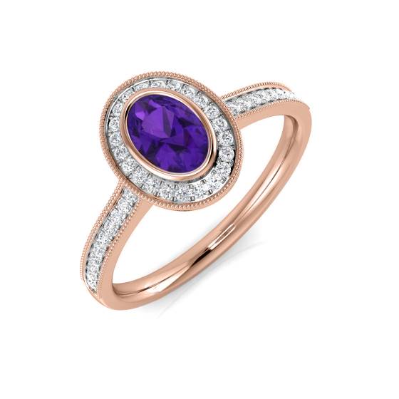 Oval Amethyst Gemstone and Round Diamond Halo Set Ring