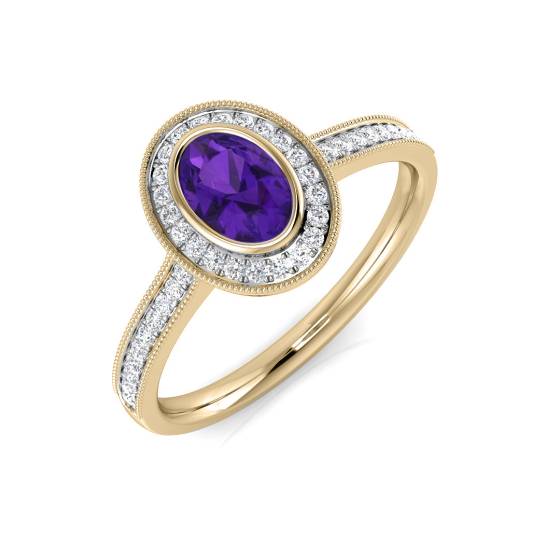 Oval Amethyst Gemstone and Round Diamond Halo Set Ring