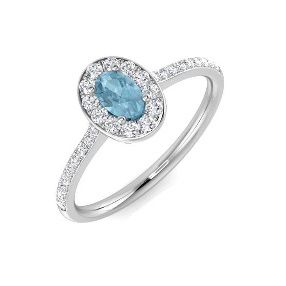 Oval and Round Diamond Aquamarine Halo Shoulder Set Gemstone Ring