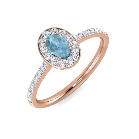 Oval and Round Diamond Aquamarine Halo Shoulder Set Gemstone Ring
