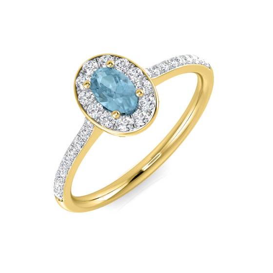 Oval and Round Diamond Aquamarine Halo Shoulder Set Gemstone Ring