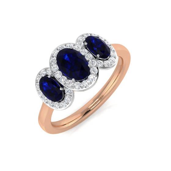 Oval and Round Blue Sapphire Gemstone Trilogy Ring