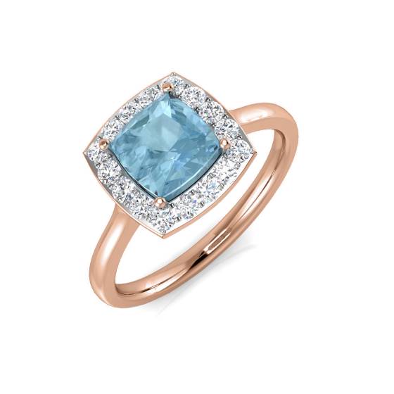 Cushion and Round Diamond Aquamarine Halo Gemstone Ring