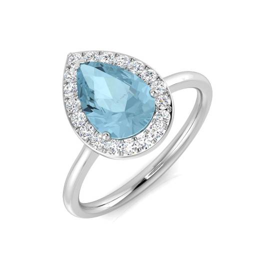 Pear and Round Diamond Aquamarine Halo Gemstone Ring