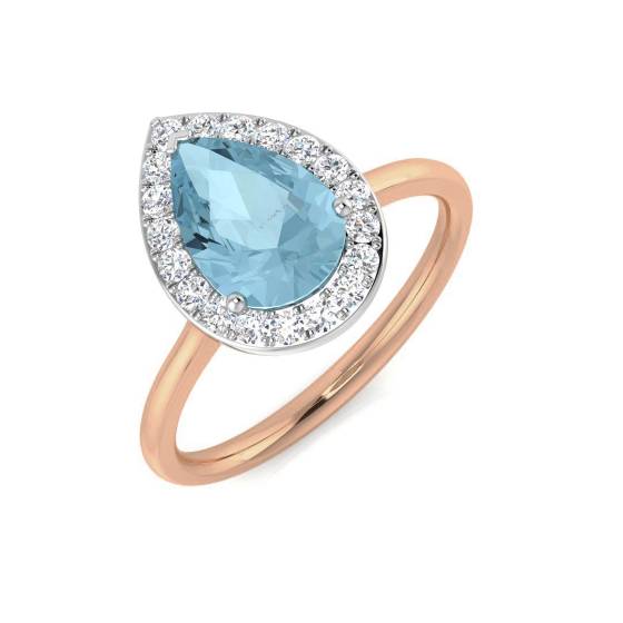 Pear and Round Diamond Aquamarine Halo Gemstone Ring