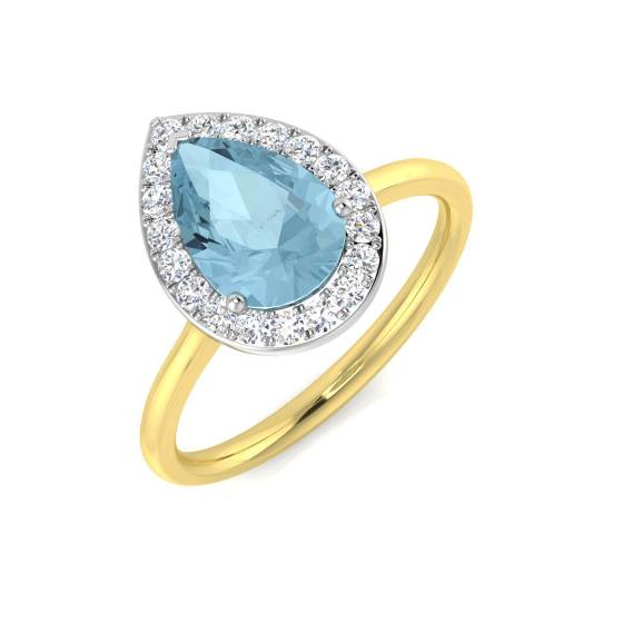 Pear and Round Diamond Aquamarine Halo Gemstone Ring