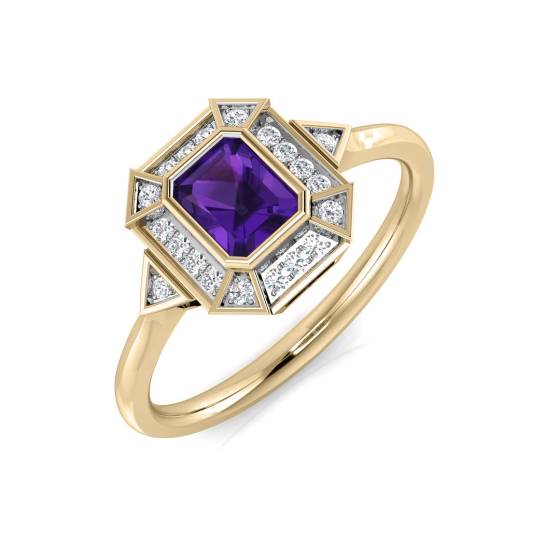 Emerald Cut Amethyst and Round Diamond Halo Ring