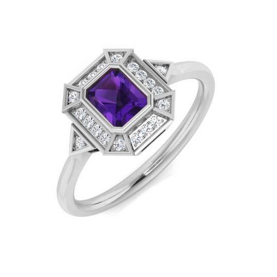 Emerald Cut Amethyst and Round Diamond Halo Ring