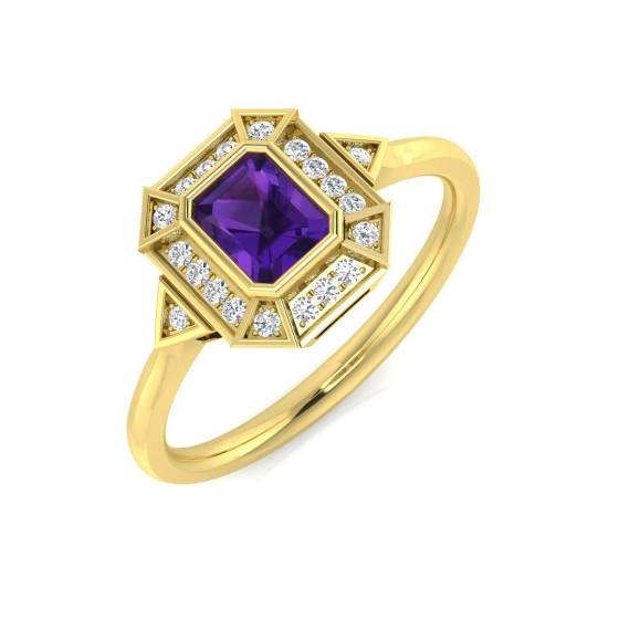 Emerald Cut Amethyst and Round Diamond Halo Ring