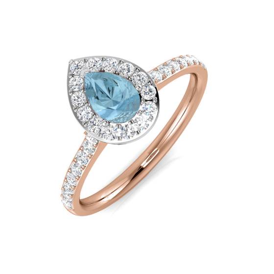 Pear and Round Diamond Aquamarine Halo Shoulder Set Gemstone Ring
