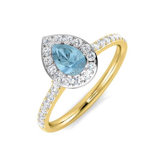 Pear and Round Diamond Aquamarine Halo Shoulder Set Gemstone Ring