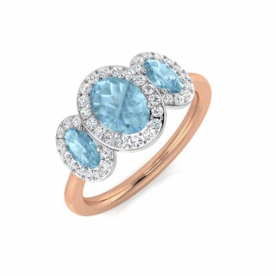 Oval and Round Aquamarine Gemstone Trilogy Ring