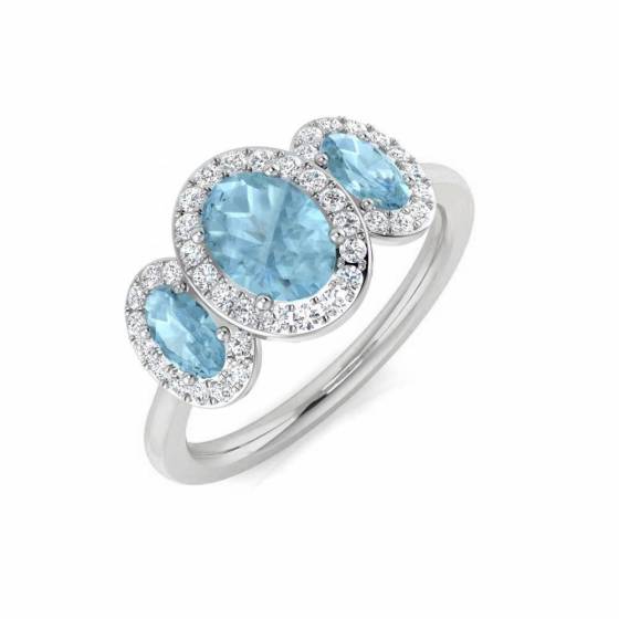 Oval and Round Aquamarine Gemstone Trilogy Ring