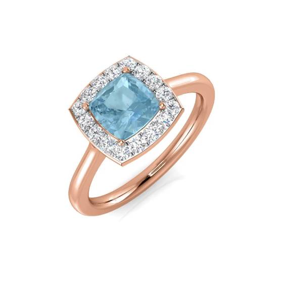 Cushion and Round Diamond Aquamarine Halo Gemstone Ring