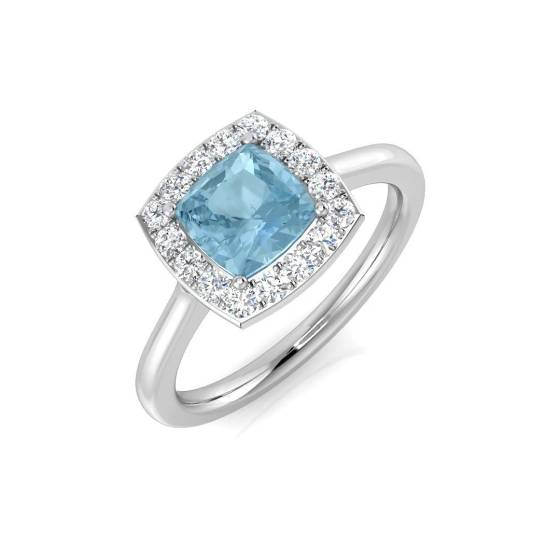 Cushion and Round Diamond Aquamarine Halo Gemstone Ring