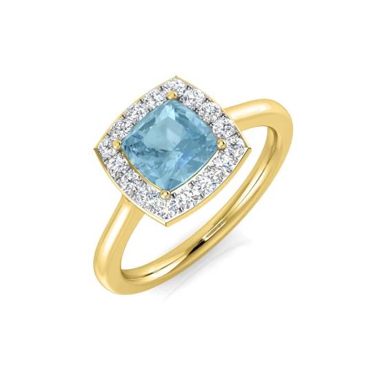 Cushion and Round Diamond Aquamarine Halo Gemstone Ring