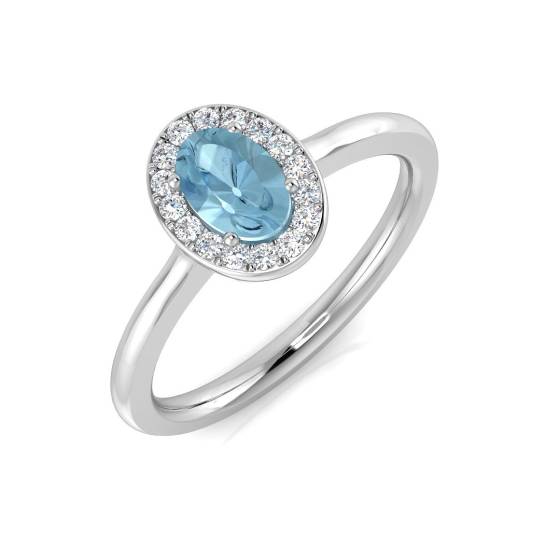 Oval and Round Diamond Aquamarine Halo Gemstone Ring