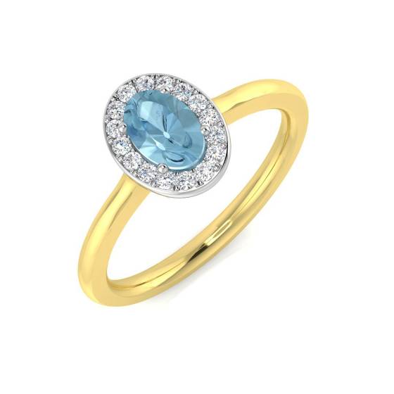 Oval and Round Diamond Aquamarine Halo Gemstone Ring