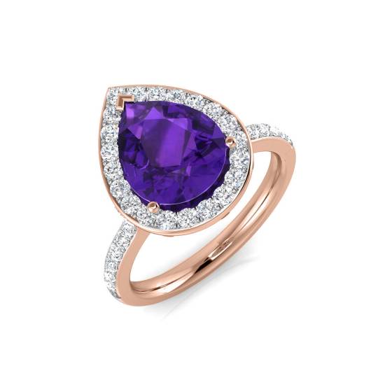Pear Amethyst and Round Diamond Halo Shoulder Set Ring