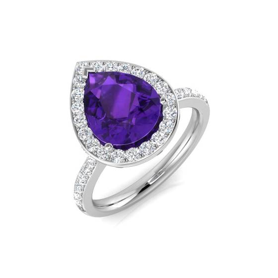 Pear Amethyst and Round Diamond Halo Shoulder Set Ring