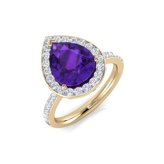 Pear Amethyst and Round Diamond Halo Shoulder Set Ring