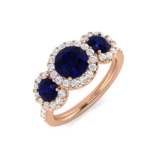 Round Blue Sapphire Gemstone Trilogy Ring