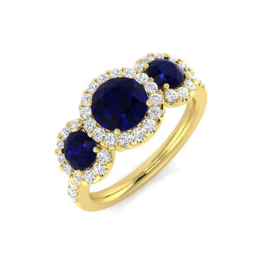Round Blue Sapphire Gemstone Trilogy Ring