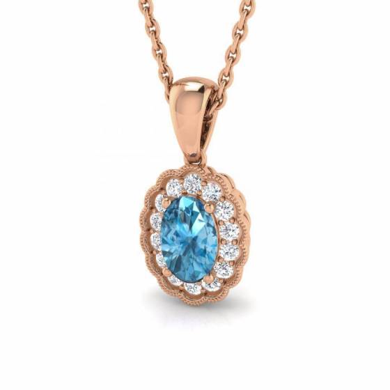 Oval and Round Blue Topaz Halo Pendant