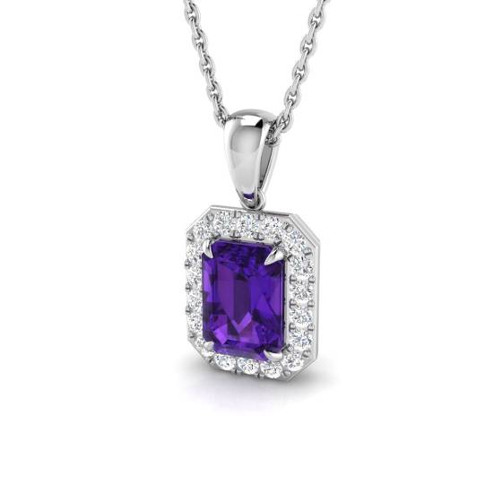 Emerald Amethyst and Round Diamond Halo Pendant