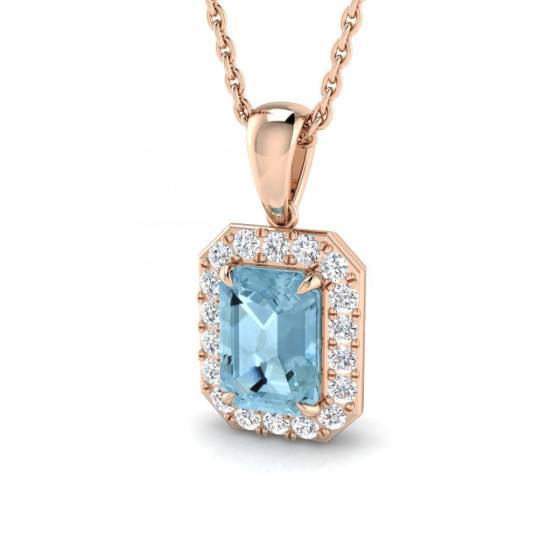 Emerald and Round Blue Topaz Halo Pendant