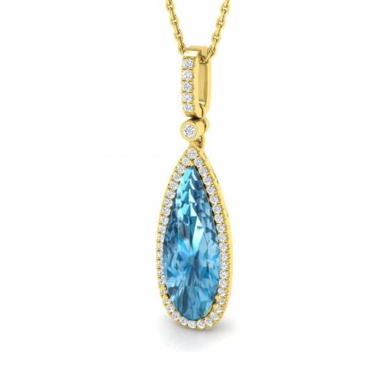 Pear and Round Blue Topaz Halo Drop Pendant