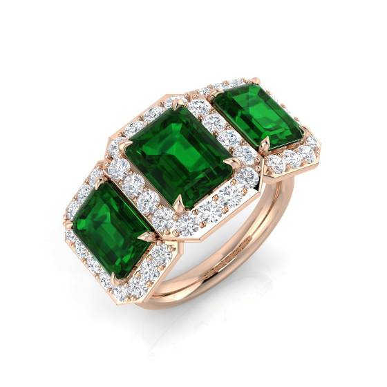 Emerald and Round Emerlad Gemstone Trilogy Ring