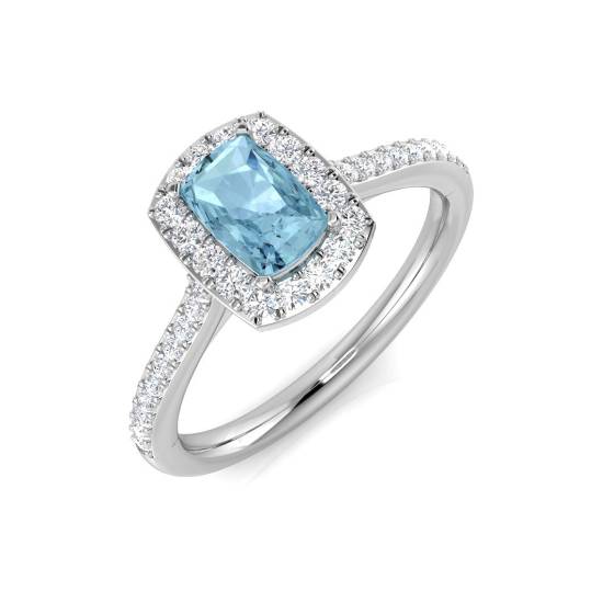 Cushion and Round Diamond Aquamarine Halo Shoulder Set Gemstone Ring