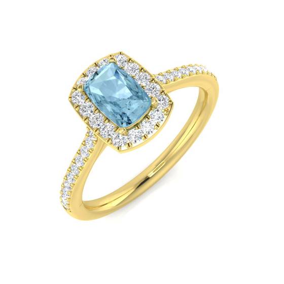 Cushion and Round Diamond Aquamarine Halo Shoulder Set Gemstone Ring