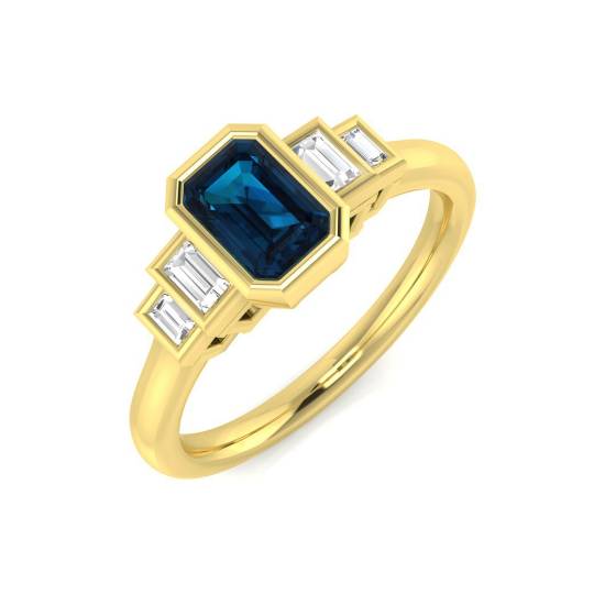 Emerald and Baguette Cut Blue Topaz Side Stone Ring