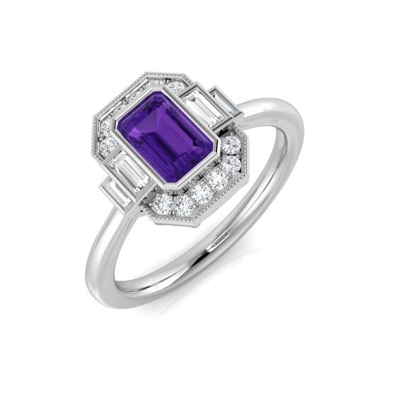 Emerald Cut Amethyst and Round Diamond Halo Ring