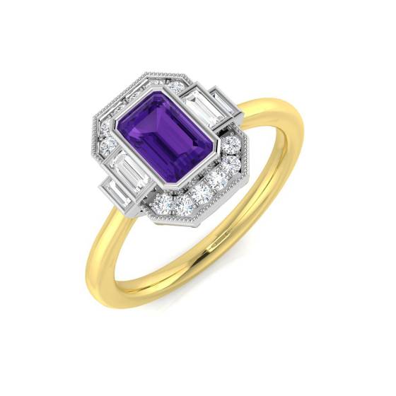 Emerald Cut Amethyst and Round Diamond Halo Ring