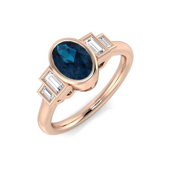 Oval and Baguette Cut Blue Topaz Side Stone Ring