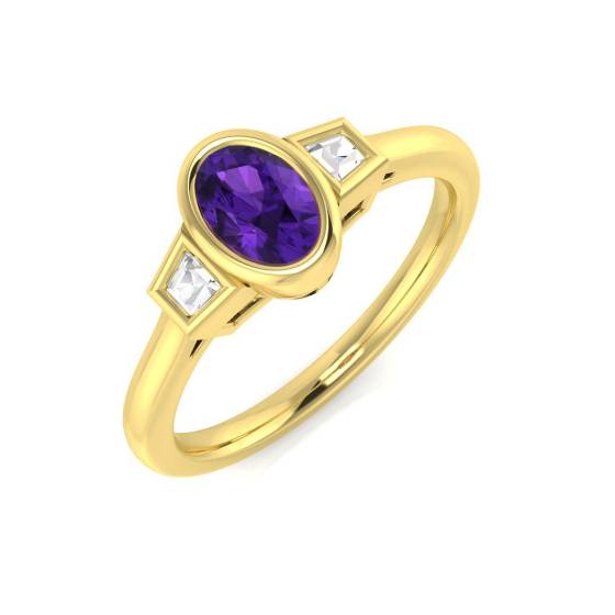 Oval Amethyst and Baguette Diamond Side Stone Ring