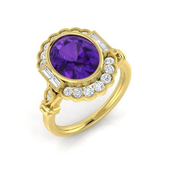 Oval Amethyst and Round Diamond side stone Ring