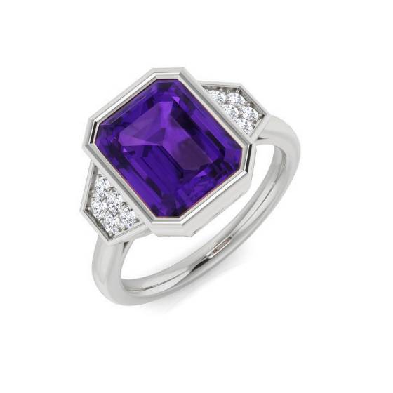 Emerald Amethyst and Round Diamond Side Stone Ring