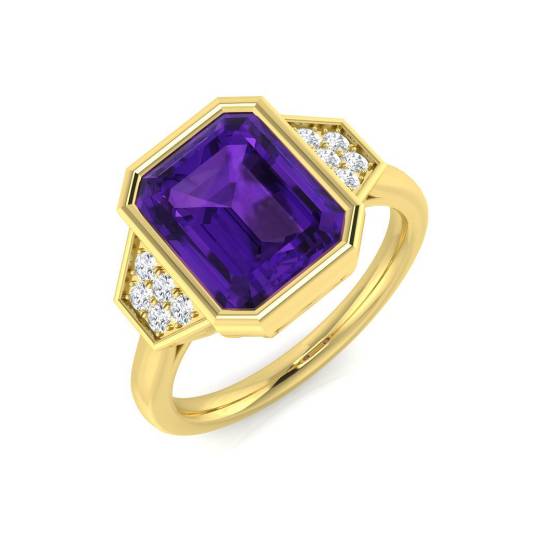 Emerald Amethyst and Round Diamond Side Stone Ring