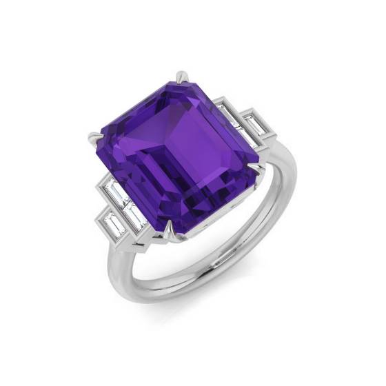 Emerald Amethyst and Baguette Diamond Side Stone Ring