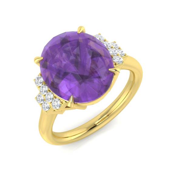 Oval Amethyst and Round Diamond side stone Ring