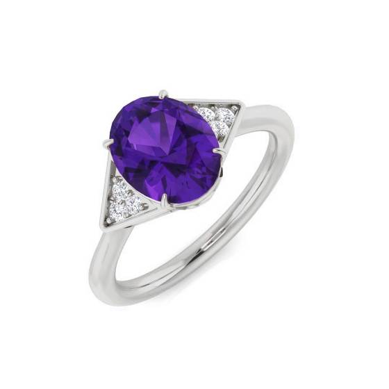 Oval Amethyst and Round Diamond side stone Ring