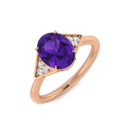 Oval Amethyst and Round Diamond side stone Ring