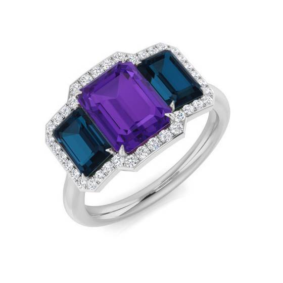 Emerald Amethyst and Blue Topaz Set in Halo Diamond Trilogy Ring