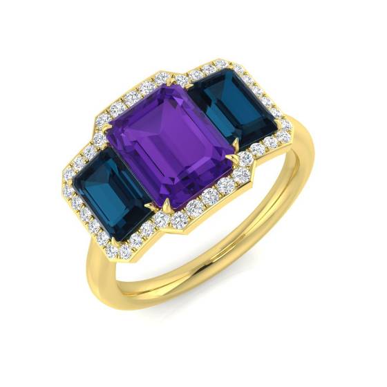 Emerald Amethyst and Blue Topaz Set in Halo Diamond Trilogy Ring