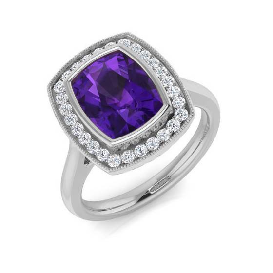 Cushion Amethyst and Round Diamond Halo Ring